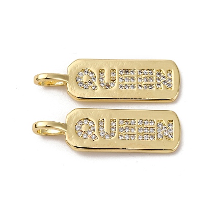 Латунные микро проложить кубического циркония подвески, прямоугольник со словом королева, долговечный, без кадмия и без свинца, стойки покрытие