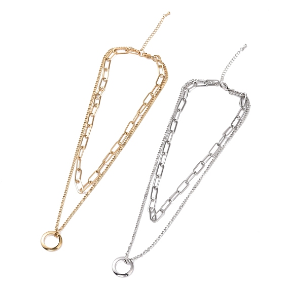 304 Stainless Steel Double Chains Multi Layered Necklace with Ring Charm for Women