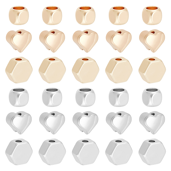 48 шт. 6 стили латунные бусины-проставки, без никеля , шестиугольник, сердце и куб