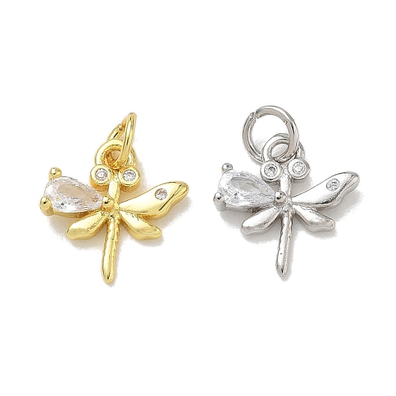 Micropavé de latón con circonitas cúbicas transparentes y dijes de vidrio, encantos libélula, chapado en rack, larga duración plateado, sin plomo y cadmio