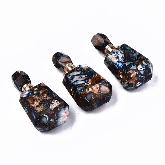 Assembled Synthetic Bronzite and Imperial Jasper Openable Perfume Bottle Pendants, with Light Gold Brass Findings, Dyed