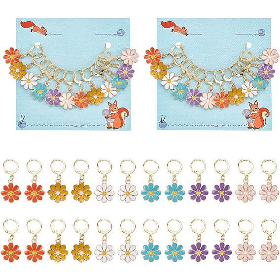 12Pcs 6 Colors Alloy Enamel Daisy Flower Charms Locking Stitch Markers, with Gold Tone 304 Stainless Steel Leverback Earring Findings