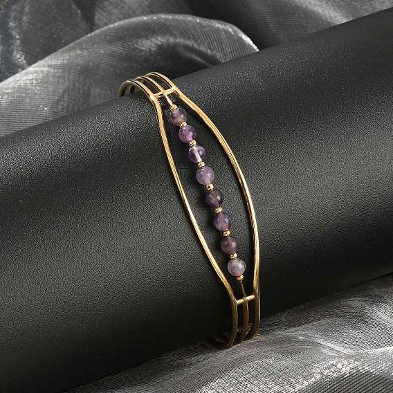 304 женские браслеты-манжеты из нержавеющей стали, с природными аметист бисера, ионное покрытие (ip)