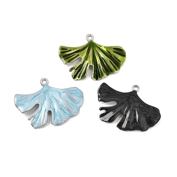 304 Stainless Steel with Enamel Pendants, Ginkgo Leaf Charms, Stainless Steel Color