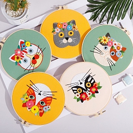 Kits de broderie bricolage chat fleur, y compris le tissu en coton imprimé, fil à broder et aiguilles, cercles à broder imitation bambou