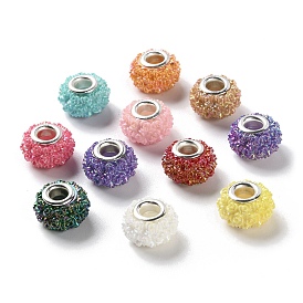 AB Color Resin Rose Flower European Beads, Rondelle Large Hole Beads, with Platinum Tone Alloy Double Cores