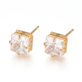 Brass Stud Earrings, with 316 Surgical Stainless Steel Pin and Clear Cubic Zirconia, Square, Long-Lasting Plated