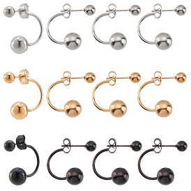 Unicraftale 12Pcs 3 Colors 304 Stainless Steel Stud Earrings, C-shape with Ball Hypoallergenic Earrings