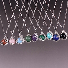 Gemstone Round Ball Pendants, Sphere Charms with Metal Dragon Wrapped, Platinum