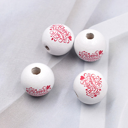 Perles européennes en bois imprimé sur le thème de la saint-valentin, Perles avec un grand trou   , rond avec mot happy valentine's day/je t'aime/motif coeur