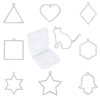 10Pcs 10 Style  304 Stainless Steel Open Back Bezel Polishing Pendants, For DIY UV Resin, Epoxy Resin, Pressed Flower Jewelry Pendants, Mixed Shapes