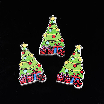 Christmas 2-Hole Spray Painted Maple Wooden Buttons, Single-Sided Printed, Christmas Tree