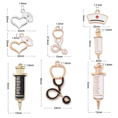 16Pcs 8 Kinds of Medical Nurse Pendants, Enamel Alloy Pendants, Work Drum & Echometer & Nurse Cap