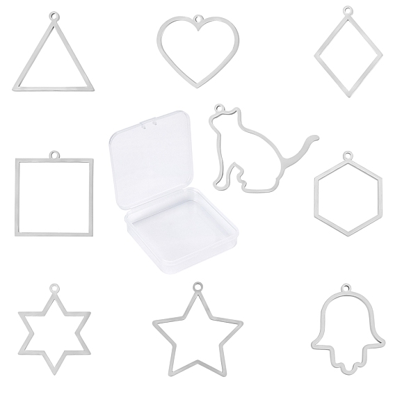 10Pcs 10 Style  304 Stainless Steel Open Back Bezel Polishing Pendants, For DIY UV Resin, Epoxy Resin, Pressed Flower Jewelry Pendants, Mixed Shapes