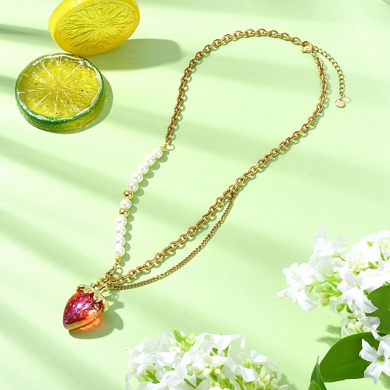 Colgante de fresa de acrílico 304 Collares de cadena mixta de acero inoxidable con perlas de concha, real 18 k chapado en oro