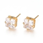 Латунь серьги, с 316 хирургическим стержнем из нержавеющей стали и прозрачным фианитом, квадратный, долговечный