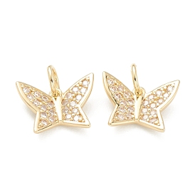 Brass Micro Pave Clear Cubic Zirconia Charms, Long-Lasting Plated, with Jump Ring, Butterfly