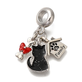 Rack Plating Alloy Red & Black Enamel European Dangle Charms, Cat & Bone & Pet House Large Hole Charms