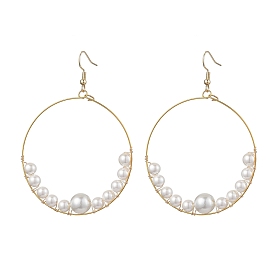 Shell Pearl Dangle Earring, with 304 Stainless Steel Earring Hooks, Flat Round