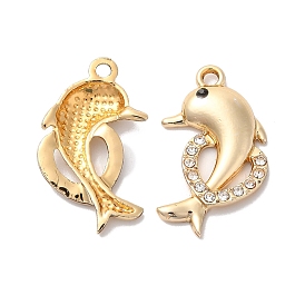 Rack Plating Alloy Rhinestone Pendants, Dolphin with Heart Charms