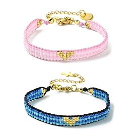 2Pcs 2 Colors Glass Seed Beaded Bracelet Sets, Heart Stackable Bracelets for Women