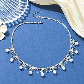 Brass Crystal Rhinestone Tennis Necklaces, White Round Plastic Pearl Tassel Necklaces for Women, White