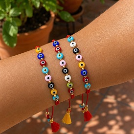 Conjuntos de pulseras de cuentas trenzadas con ojo turco hechas a mano con vidrio soplado, Pulseras ajustables apilables de cordón rojo con borla para mujer