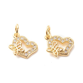 Brass Micro Pave Clear Cubic Zirconia Charms, with Jump Rings, Cadmium Free & Lead Free, Heart with Butterfly Charms