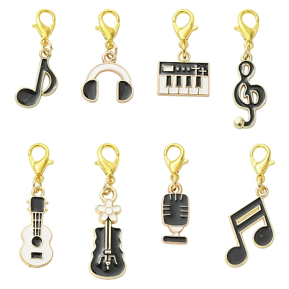 8 pièces 8 styles décorations pendentifs instruments de musique et notes de musique en alliage émaillé, avec fermoir pince de homard, or