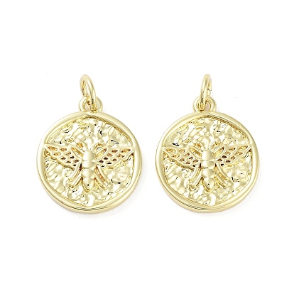Rack Plating Brass Pendants, Long-Lasting Plated, Lead Free & Cadmium Free, Flat Round with Bees