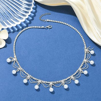 Brass Crystal Rhinestone Tennis Necklaces, White Round Plastic Pearl Tassel Necklaces for Women, White