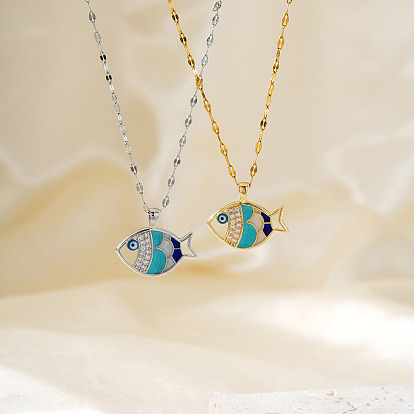 Модные мини-ожерелья с подвеской в виде рыбки из латуни с паве из кубического циркония для повседневного ношения, с эмалью темно-голубого цвета