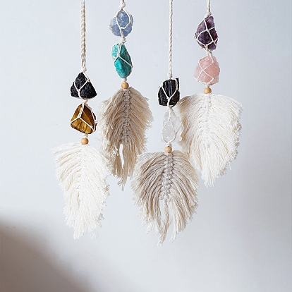 Cotton Macrame Pouch Feather Shape Pendant Decorations, with Natural Gemstone Nuggets