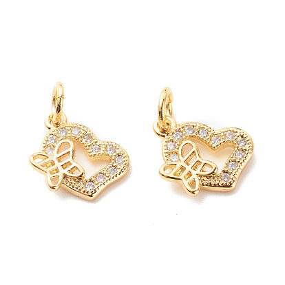Brass Micro Pave Clear Cubic Zirconia Charms, with Jump Rings, Cadmium Free & Lead Free, Heart with Butterfly Charms
