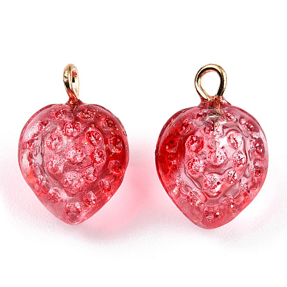 Transparent Spray Painted Glass Pendants, with Golden Plated Iron Bails and Gold Foil, Strawberry