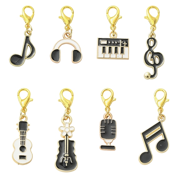 8Pcs 8 Styles Alloy Enamel Musical Instruments & Musical Note Pendant Decorations, with Lobster Claw Clasps, Golden