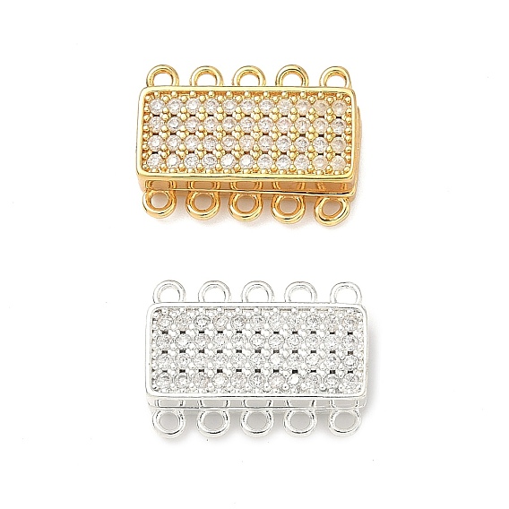 Магнитные застежки-защелки с микропаве из прозрачного кубического циркония из латуни, 5 нитей, 10-луночное, прямоугольные