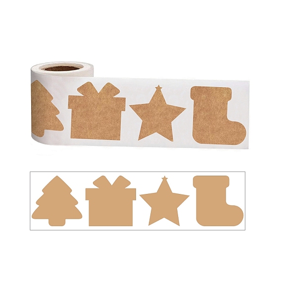 4 Shapes Christmas Kraft Paper Self Adhesive Blank Stickers Rolls, Writable Decals for Christmas Gift Sealing