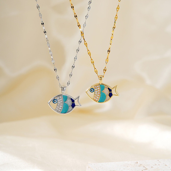 Модные мини-ожерелья с подвеской в виде рыбки из латуни с паве из кубического циркония для повседневного ношения, с эмалью темно-голубого цвета