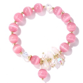 Pink Cat's Eye Crystal Bracelet with Peach Blossom Pearl for Best Friends
