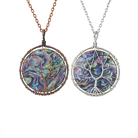 Synthetic Abalone Shell Tree of Life Disc Pendant Necklace Fortune Tree Wrapped Wire Round Necklace