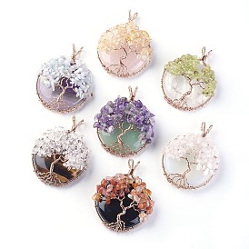Gemstone grands pendentifs, avec les accessoires en laiton de ton or rose, plat et circulaire avec arbre de vie