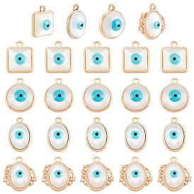 SUPERFINDINGS 32Pcs 4 Style Rack Plating Alloy Enamel Pendants, with Resin Imitation Cat Eye Cabochon, Cadmium Free & Nickel Free & Lead Free, Light Gold, Mixed Shapes
