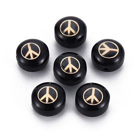 Handmade Lampwork Beads, with Golden Plated Brass Etched Metal Embellishments, Flat Round with Peace Sign