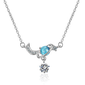 French-style celestial friendship necklace - short length, blue starry sky collarbone chain.