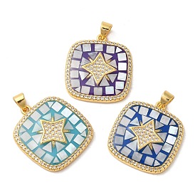 Oval with Star Brass Micro Pave Cubic Zirconia Pendants, with Enamel & Shell, Long-Lasting Plated, Lead Free & Cadmium Free, Real 18K Gold Plated