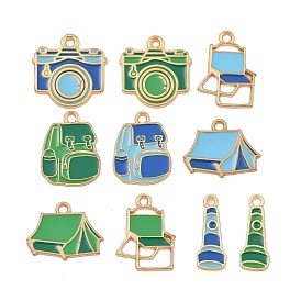 Camping Equipment Series Alloy Enamel Pendants, Golden, Bag/Camera/Stool/Flashlight/Tent Charm