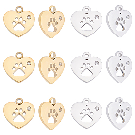 304 Stainless Steel Charms, Manual Polishing, with Crystal Rhinestone, Heart with Dog Paw Printed