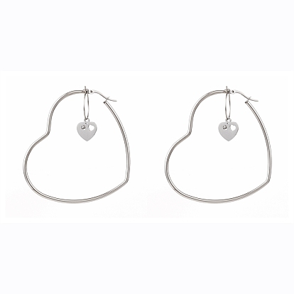 Stainless Steel Hoop Earrings, with Crystal Rhinestone, Heart