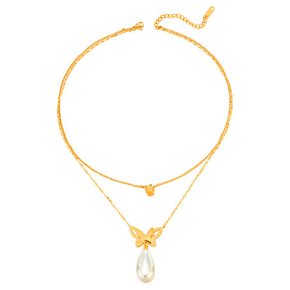 14K Gold Double-layer Butterfly Pearl Pendant Necklace for Women with Unique Design and Stainless Steel Collarbone Chain